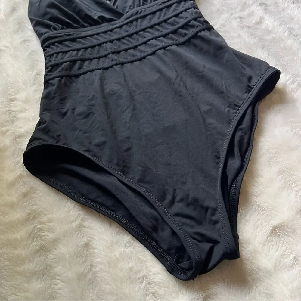 La Blanca Black V-Neck Strappy One Piece Swimsuit